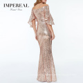 Sequin Rose Gold Flutter Sleeve Tight Red Carpet Modern Evening Dress Gown